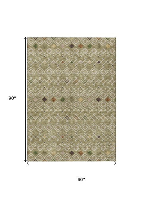 Homeroots 3' X 5' Southwestern Washable Indoor Outdoor Area Rug - Durable, Stylish, Stain Resistant Design Sage Polyester 612215