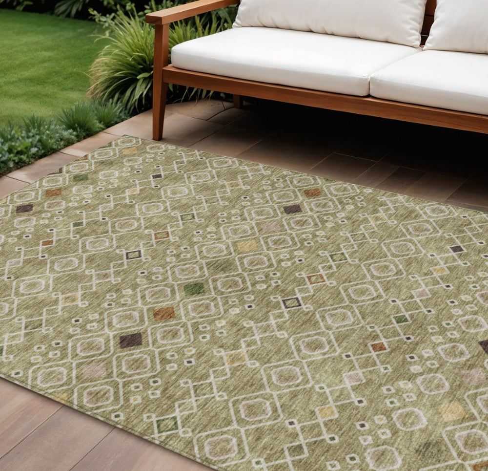 HomeRoots 5' Sage Ivory and Beige Geometric Area Rug - Stylish Indoor/Outdoor Washable Design for High Traffic 10' X 14' 612219