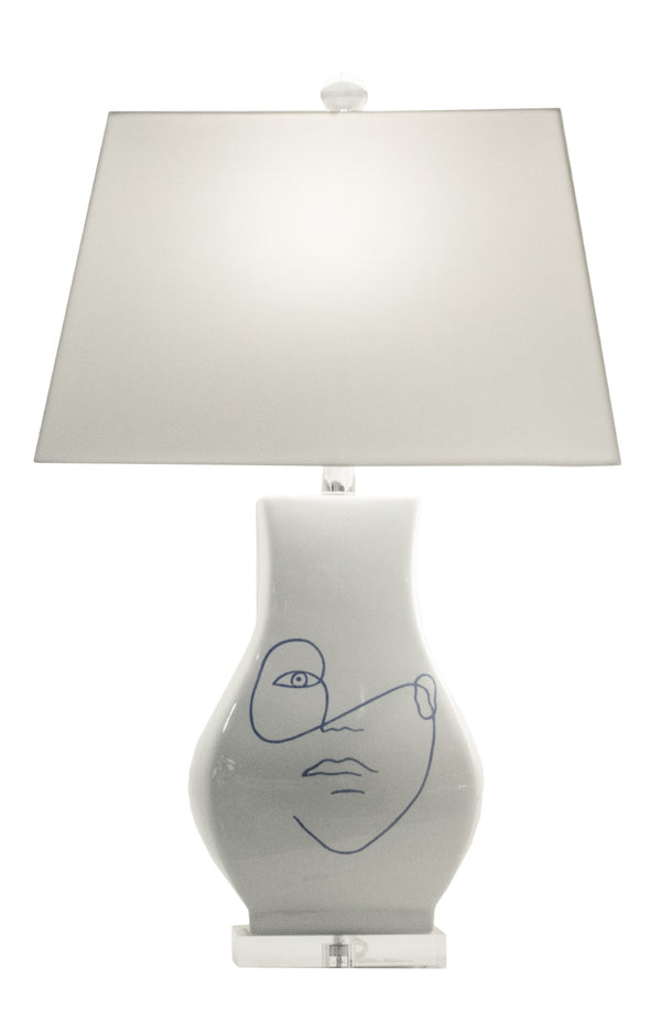 Wildwood Abstract Portrait Ii Lamp — Hand-Painted Ceramic Sculpture With White Microfiber Shade, Modern Accent Light 61222