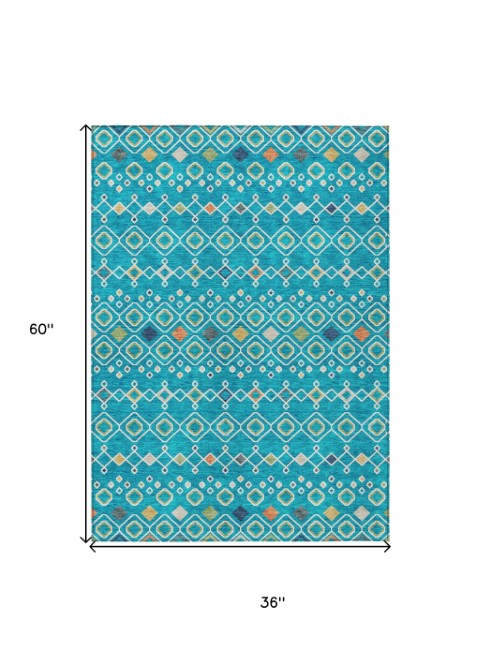 Homeroots 3' X 5' Southwestern Washable Indoor Outdoor Area Rug - Durable, Stylish, Stain Resistant Design Teal Blue Polyester 612220