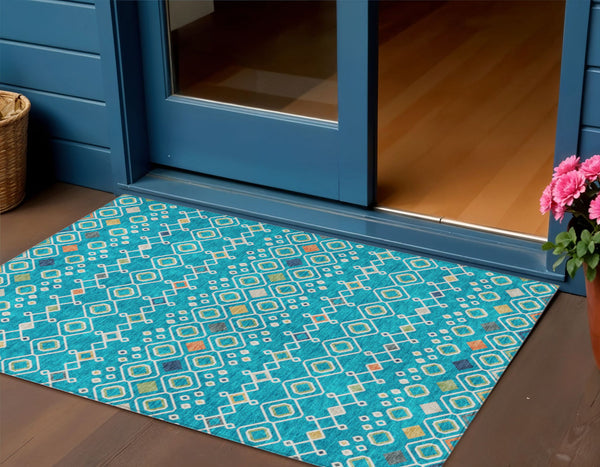 Homeroots 3' X 5' Southwestern Washable Indoor Outdoor Area Rug - Durable, Stylish, Stain Resistant Design Teal Blue Polyester 612220