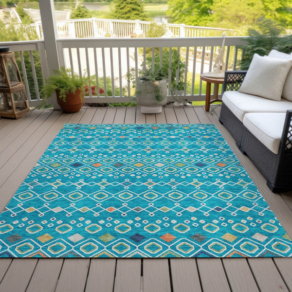 Homeroots 3' X 5' Southwestern Washable Indoor Outdoor Area Rug - Durable, Stylish, Stain Resistant Design Teal Blue Polyester 612220