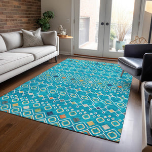 Homeroots 3' X 5' Southwestern Washable Indoor Outdoor Area Rug - Durable, Stylish, Stain Resistant Design Teal Blue Polyester 612220