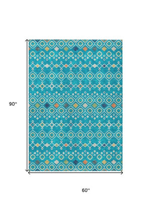 Homeroots 3' X 5' Southwestern Washable Indoor Outdoor Area Rug - Durable, Stylish, Stain Resistant Design Teal Blue Polyester 612221