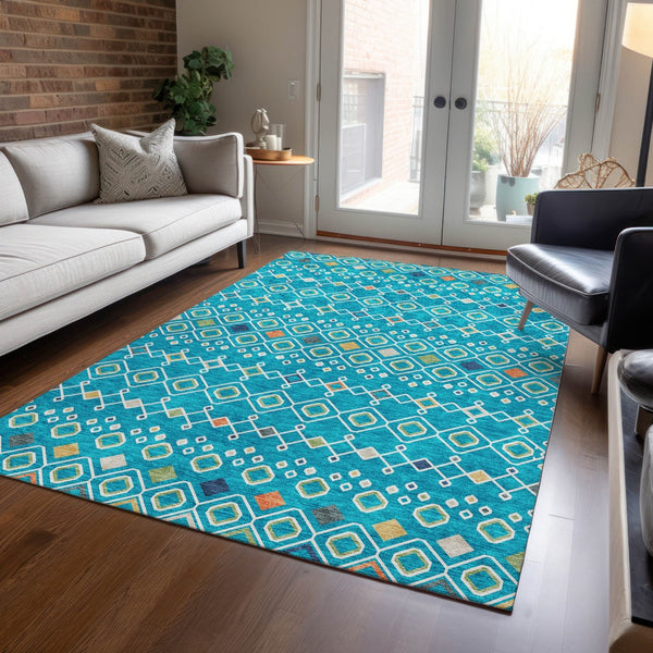 Homeroots 3' X 5' Southwestern Washable Indoor Outdoor Area Rug - Durable, Stylish, Stain Resistant Design Teal Blue Polyester 612221