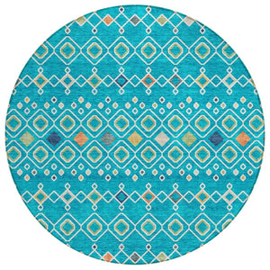 HomeRoots 5' Modern Geometric Teal Blue Ivory Gold Area Rug - Durable, Washable, Indoor-Outdoor Design for All Spaces 8' Round 612222