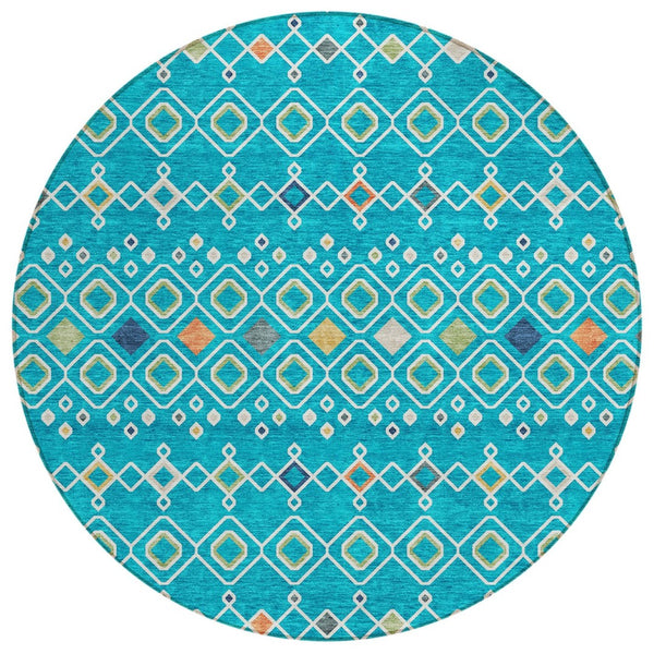 HomeRoots 5' Modern Geometric Teal Blue Ivory Gold Area Rug - Durable, Washable, Indoor-Outdoor Design for All Spaces 8' Round 612222