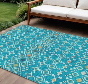 Homeroots 3' X 5' Southwestern Washable Indoor Outdoor Area Rug - Durable, Stylish, Stain Resistant Design Teal Blue Polyester 612223