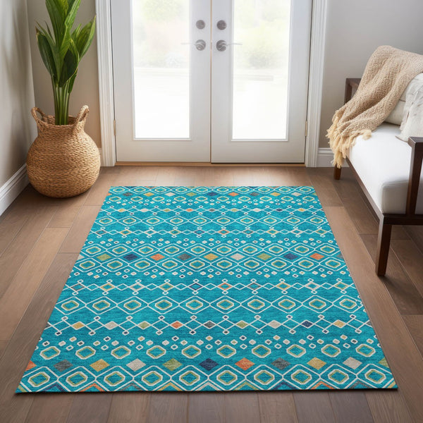 Homeroots 3' X 5' Southwestern Washable Indoor Outdoor Area Rug - Durable, Stylish, Stain Resistant Design Teal Blue Polyester 612224