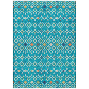 HomeRoots 5' Modern Geometric Teal Blue Ivory Gold Area Rug - Durable, Washable, Indoor-Outdoor Design for All Spaces 10' X 14' 612225