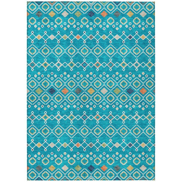 HomeRoots 5' Modern Geometric Teal Blue Ivory Gold Area Rug - Durable, Washable, Indoor-Outdoor Design for All Spaces 10' X 14' 612225