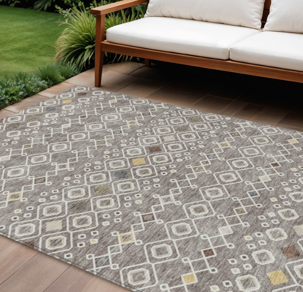 HomeRoots 5' Stylish Taupe Gray and Gold Geometric Indoor Outdoor Area Rug - Durable, Washable, Modern Design 8' X 10' 612229