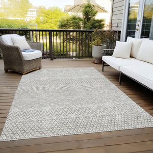 HomeRoots 5' Chevron Area Rug - Stylish Beige and Ivory Design for Indoor/Outdoor Spaces, Easy Care & Durable 10' X 14' 612237