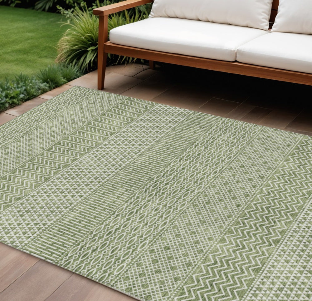 HomeRoots 9' Green and Ivory Chevron Area Rug - Stylish, Washable Design for Indoor and Outdoor Durability 612254