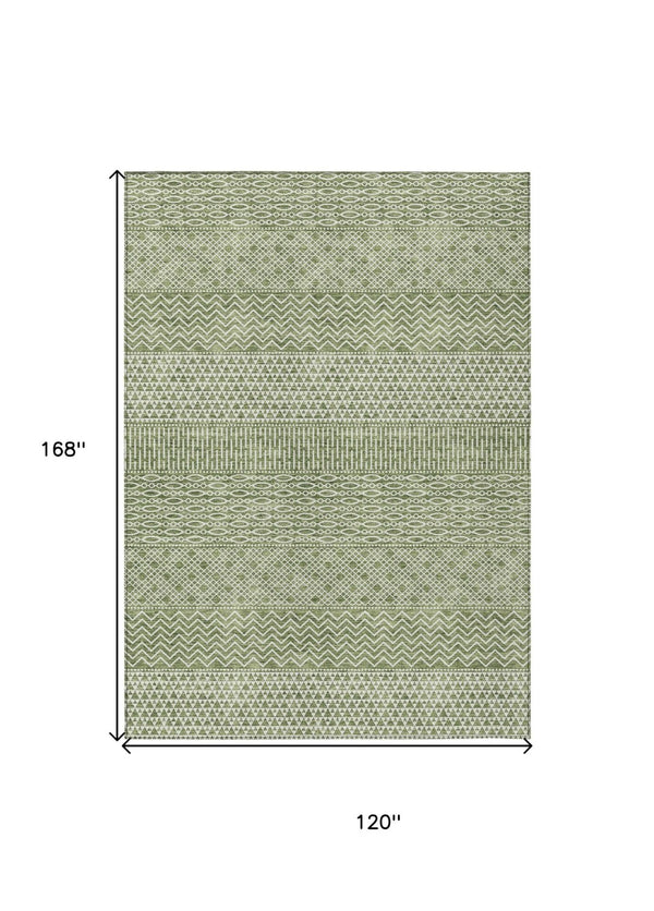 HomeRoots 5' Green and Ivory Chevron Indoor Outdoor Area Rug - Durable, Washable, Modern Design for Any Space 10' X 14' 612255