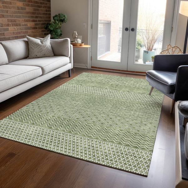 HomeRoots 5' Green and Ivory Chevron Indoor Outdoor Area Rug - Durable, Washable, Modern Design for Any Space 10' X 14' 612255