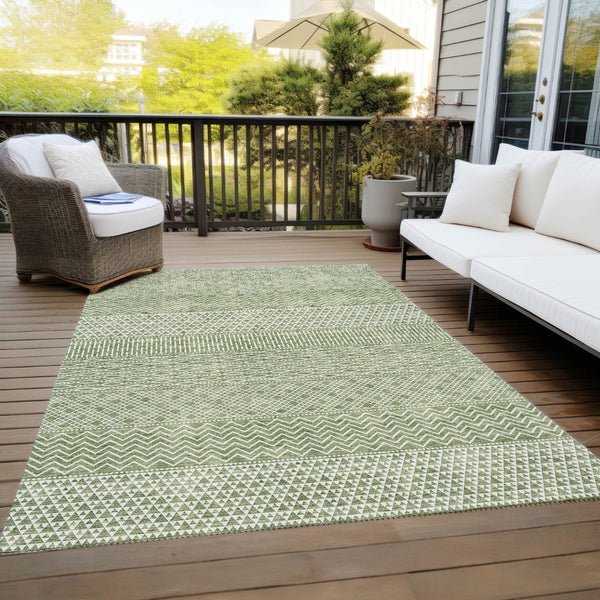 HomeRoots 5' Green and Ivory Chevron Indoor Outdoor Area Rug - Durable, Washable, Modern Design for Any Space 10' X 14' 612255