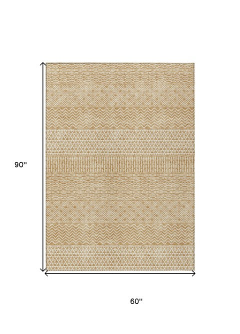 Homeroots 3' Washable Indoor Outdoor Area Rug With Chevron Design - Durable, Stain Resistant, Versatile Décor Gold Polyester 612257