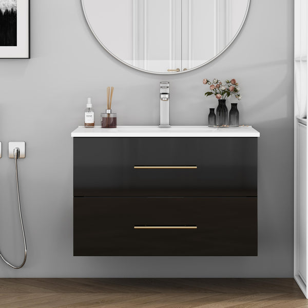 English Elm 30-Inch Sleek Black Gloss Wall-Mounted Bathroom Vanity With Integrated Sink & Easy Installation Options W3151S00054