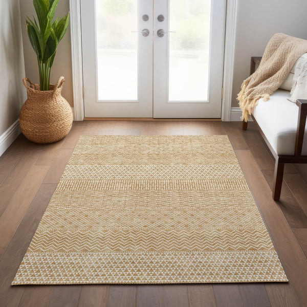Homeroots 3' Washable Indoor Outdoor Area Rug With Chevron Design - Durable, Stain Resistant, Versatile Décor Gold Polyester 612260
