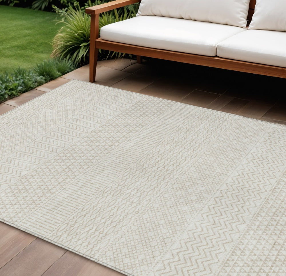 HomeRoots 5' Ivory and Beige Chevron Indoor Outdoor Area Rug – Durable, Machine Washable, Stylish Home Accent 10' X 14' 612273