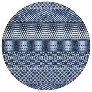HomeRoots 5' Modern Navy Blue and Ivory Chevron Indoor Outdoor Area Rug – Durable, Washable, Stylish Design 8' Round 612282