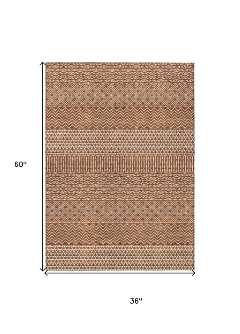 Homeroots 3' Washable Indoor Outdoor Area Rug With Chevron Design - Durable, Stain Resistant, Versatile Décor Orange Polyester 612286