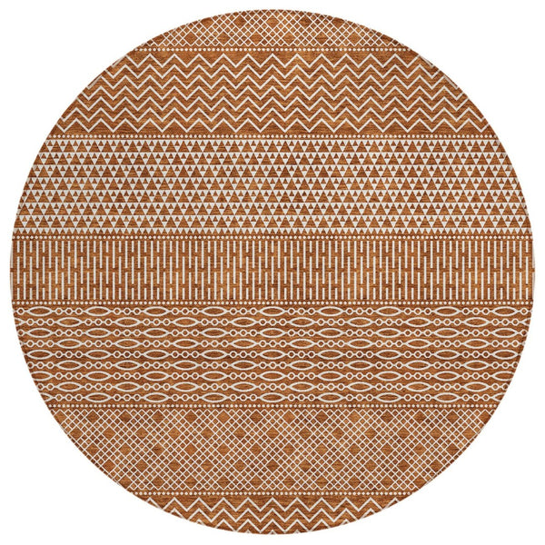 HomeRoots 5' Vibrant Orange and Ivory Chevron Washable Area Rug for Indoor and Outdoor Spaces, Easy Care 8' Round 612288