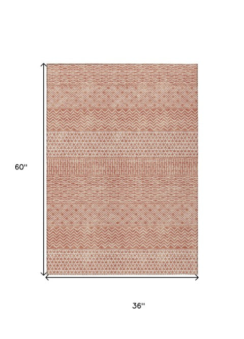 Homeroots 3' Washable Indoor Outdoor Area Rug With Chevron Design - Durable, Stain Resistant, Versatile Décor Salmon Polyester 612292