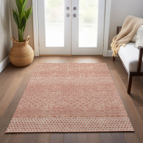 Homeroots 3' Washable Indoor Outdoor Area Rug With Chevron Design - Durable, Stain Resistant, Versatile Décor Salmon Polyester 612292