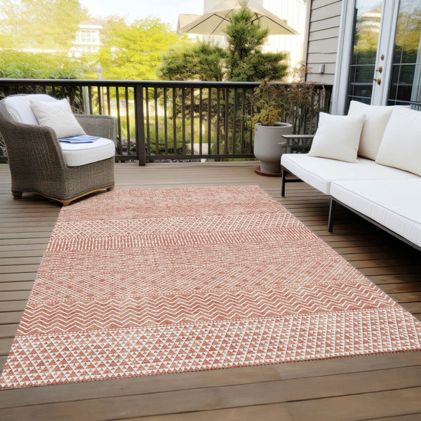 Homeroots 3' Washable Indoor Outdoor Area Rug With Chevron Design - Durable, Stain Resistant, Versatile Décor Salmon Polyester 612293