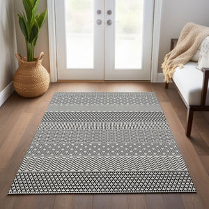 HomeRoots 5' Stylish Black and White Chevron Washable Area Rug for Indoor and Outdoor Use, Durable Design 9' X 12' 612302