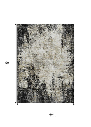 HomeRoots 5' Stylish Black Ivory Beige Abstract Washable Area Rug for Indoor and Outdoor Spaces, Durable & Modern 5' X 8' 612305