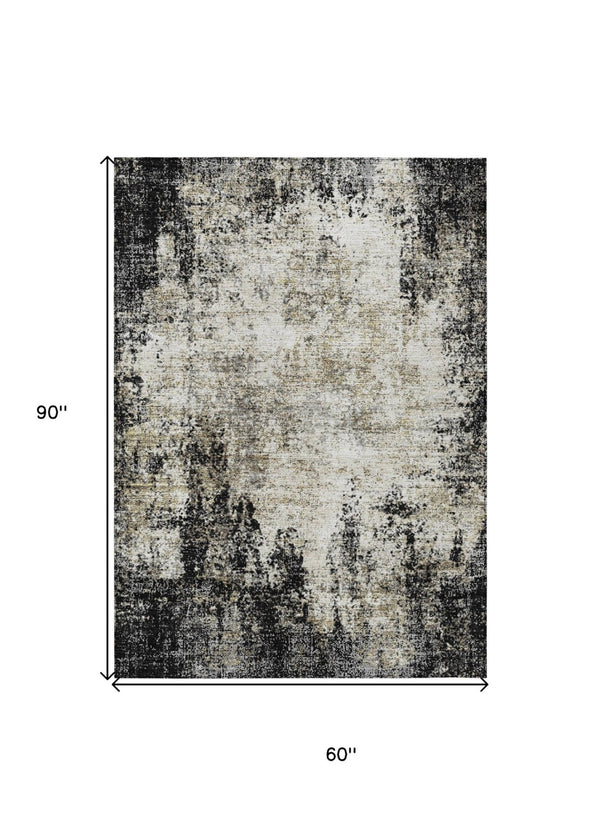 HomeRoots 5' Stylish Black Ivory Beige Abstract Washable Area Rug for Indoor and Outdoor Spaces, Durable & Modern 5' X 8' 612305