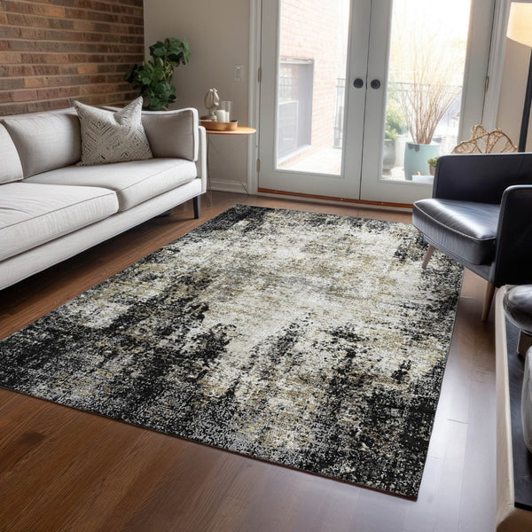 HomeRoots 5' Stylish Black Ivory Beige Abstract Washable Area Rug for Indoor and Outdoor Spaces, Durable & Modern 5' X 8' 612305