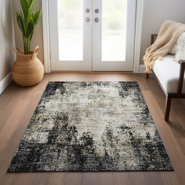 HomeRoots 5' Stylish Black Ivory Beige Abstract Washable Area Rug for Indoor and Outdoor Spaces, Durable & Modern 5' X 8' 612305