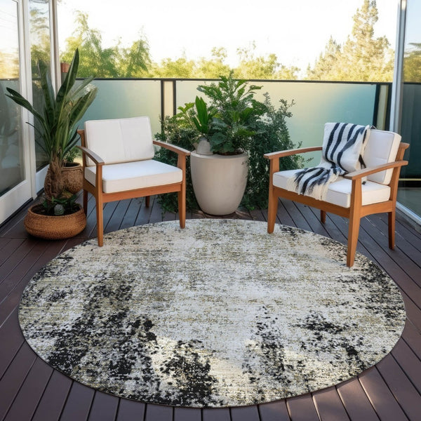 HomeRoots 5' Stylish Black Ivory Beige Abstract Washable Area Rug for Indoor and Outdoor Spaces, Durable & Modern 8' Round 612306