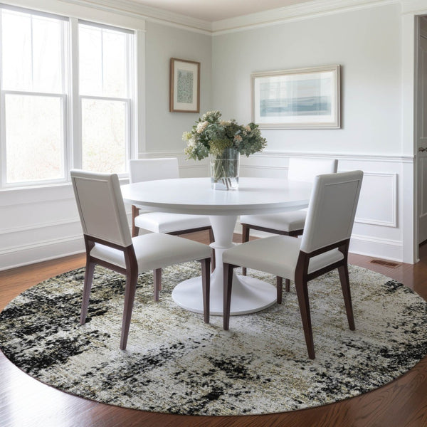 HomeRoots 5' Stylish Black Ivory Beige Abstract Washable Area Rug for Indoor and Outdoor Spaces, Durable & Modern 8' Round 612306