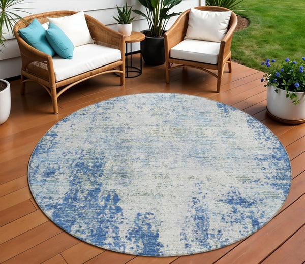 HomeRoots 5' Denim Blue and Ivory Abstract Area Rug - Stylish, Washable, Durable Design for Indoor and Outdoor Use 8' Round 612318