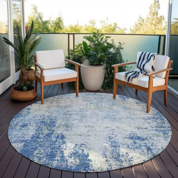 HomeRoots 5' Denim Blue and Ivory Abstract Area Rug - Stylish, Washable, Durable Design for Indoor and Outdoor Use 8' Round 612318