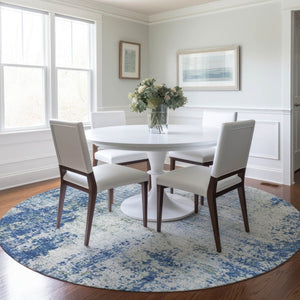 HomeRoots 5' Denim Blue and Ivory Abstract Area Rug - Stylish, Washable, Durable Design for Indoor and Outdoor Use 8' Round 612318