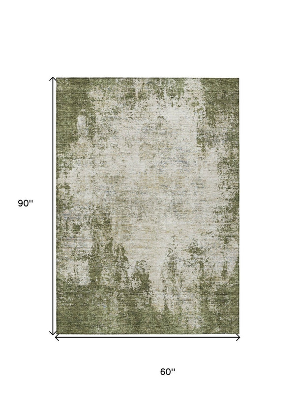 HomeRoots 5' Olive Green and Ivory Abstract Area Rug - Stylish, Washable, Indoor/Outdoor Design for Versatility 5' X 8' 612335