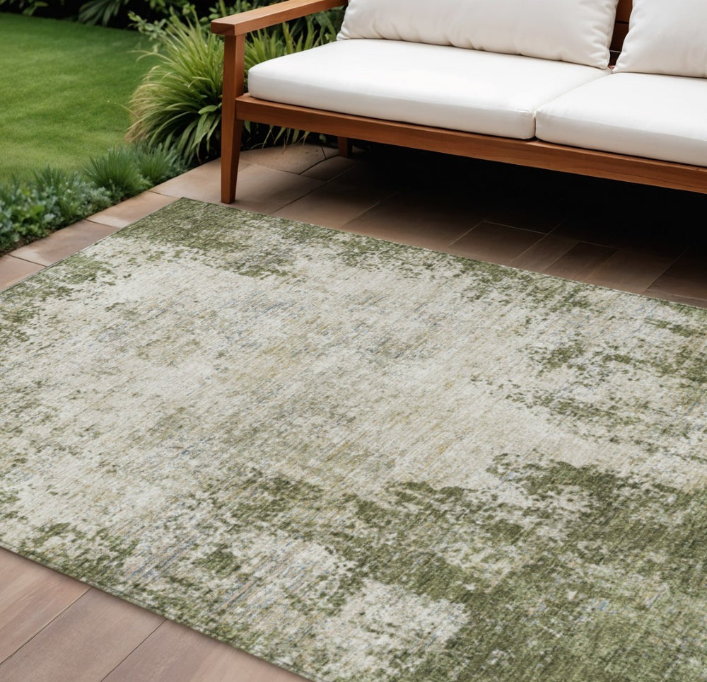 HomeRoots 5' Olive Green and Ivory Abstract Area Rug - Stylish, Washable, Indoor/Outdoor Design for Versatility 8' X 10' 612337