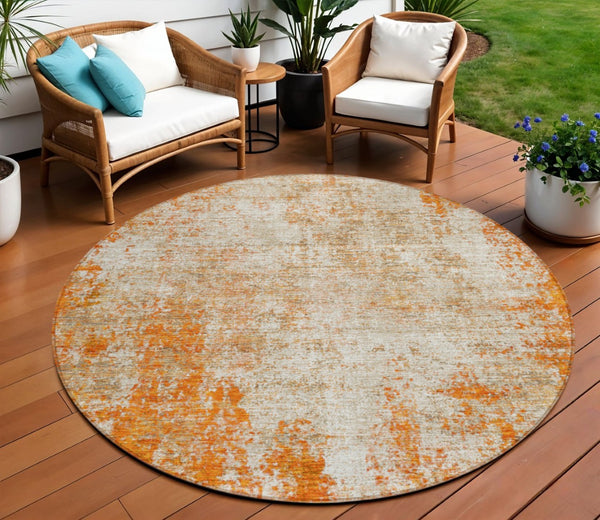 HomeRoots 5' Bold Orange and Ivory Abstract Area Rug - Washable, Durable, Stylish for Indoor/Outdoor Spaces 8' Round 612342