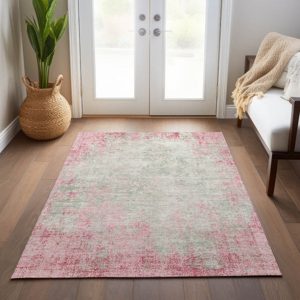 HomeRoots 5' Pink and Ivory Abstract Area Rug - Stylish, Washable, Indoor/Outdoor Durable Design for Any Space 5' X 8' 612347