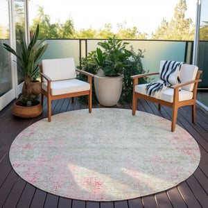 HomeRoots 5' Pink and Ivory Abstract Area Rug - Stylish, Washable, Indoor/Outdoor Durable Design for Any Space 8' Round 612348