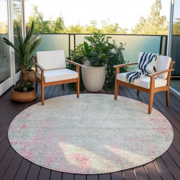 HomeRoots 5' Pink and Ivory Abstract Area Rug - Stylish, Washable, Indoor/Outdoor Durable Design for Any Space 8' Round 612348