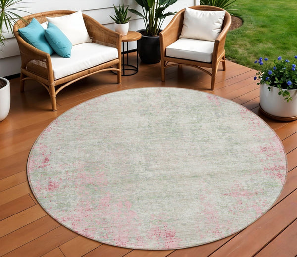 HomeRoots 5' Pink and Ivory Abstract Area Rug - Stylish, Washable, Indoor/Outdoor Durable Design for Any Space 8' Round 612348