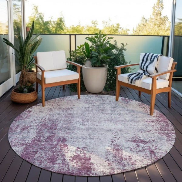 HomeRoots 5' Vibrant Plum and Ivory Abstract Indoor Outdoor Rug – Durable, Washable, Modern Design for Any Space 8' Round 612360