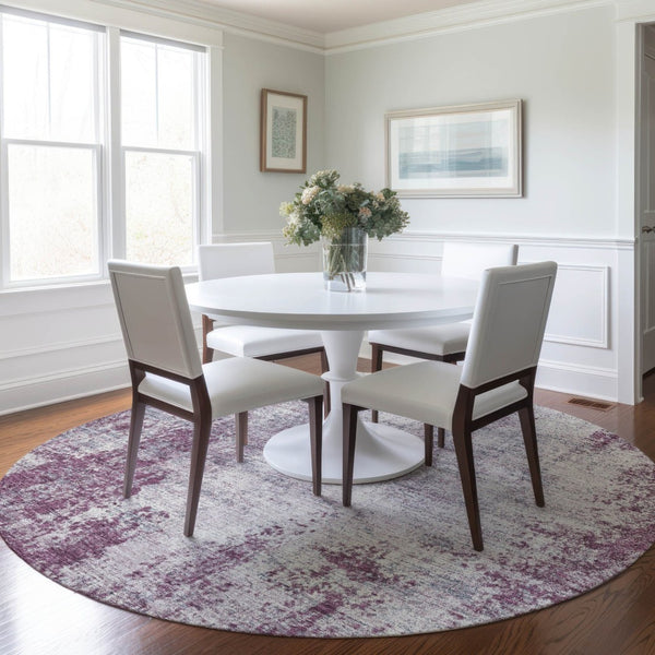 HomeRoots 5' Vibrant Plum and Ivory Abstract Indoor Outdoor Rug – Durable, Washable, Modern Design for Any Space 8' Round 612360